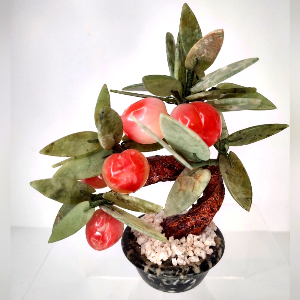 Vintage Chinese Carved Gemstone Peach Tree Quartz Jade Leaves Bonsai Lucky Tree